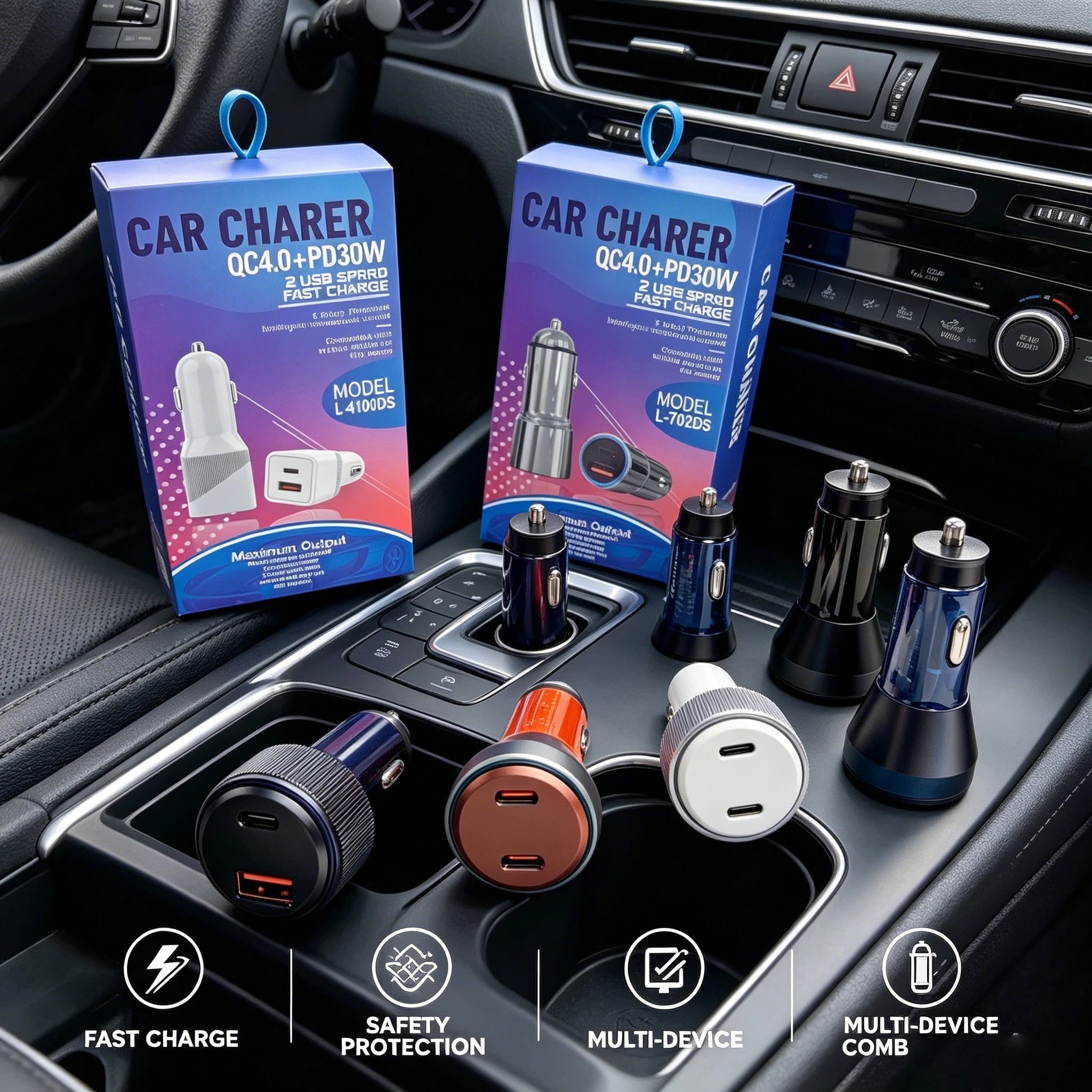 Universal Multi-Port USB Car Charger with Retractable Cable White