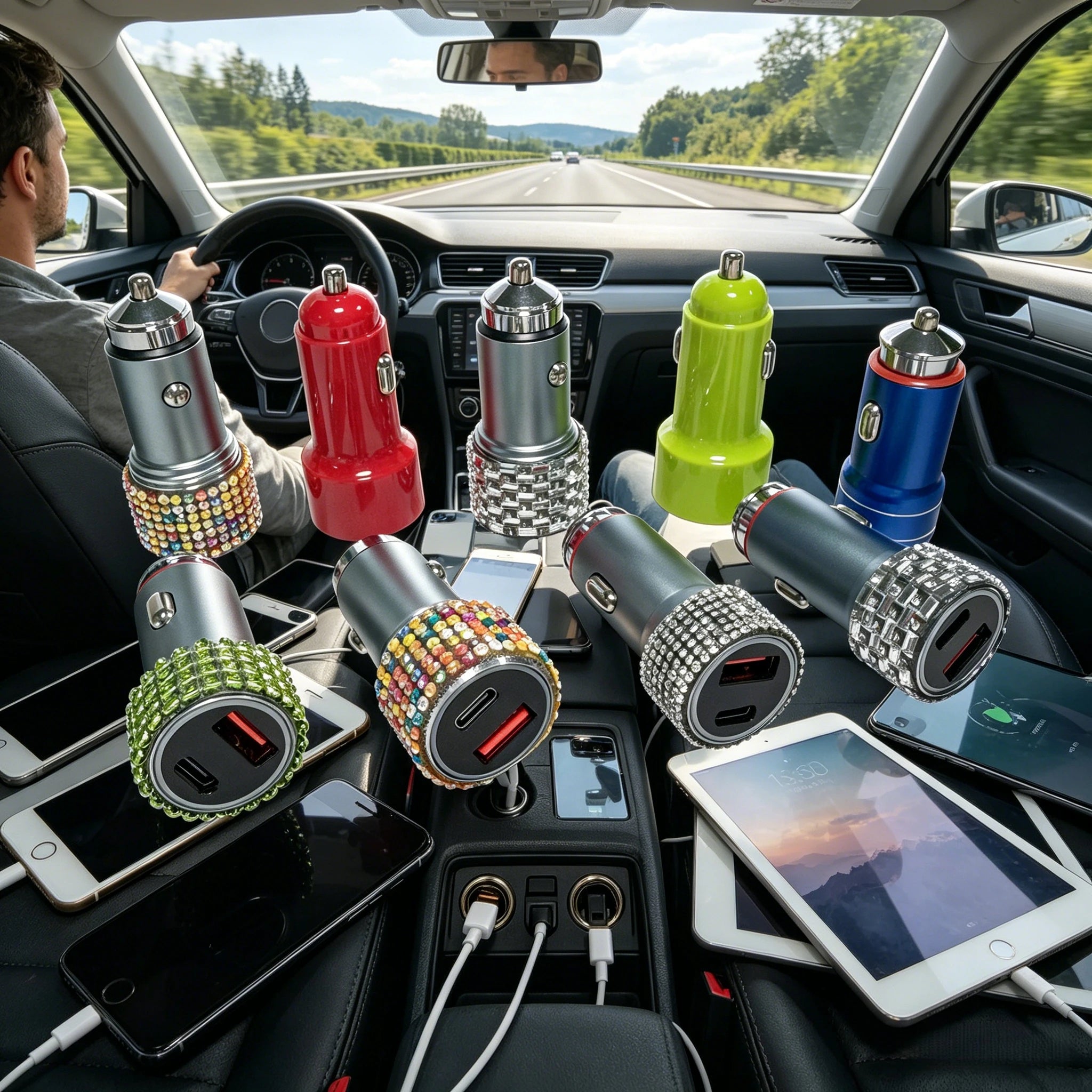 Universal Multi-Port USB Car Charger with Retractable Cable White