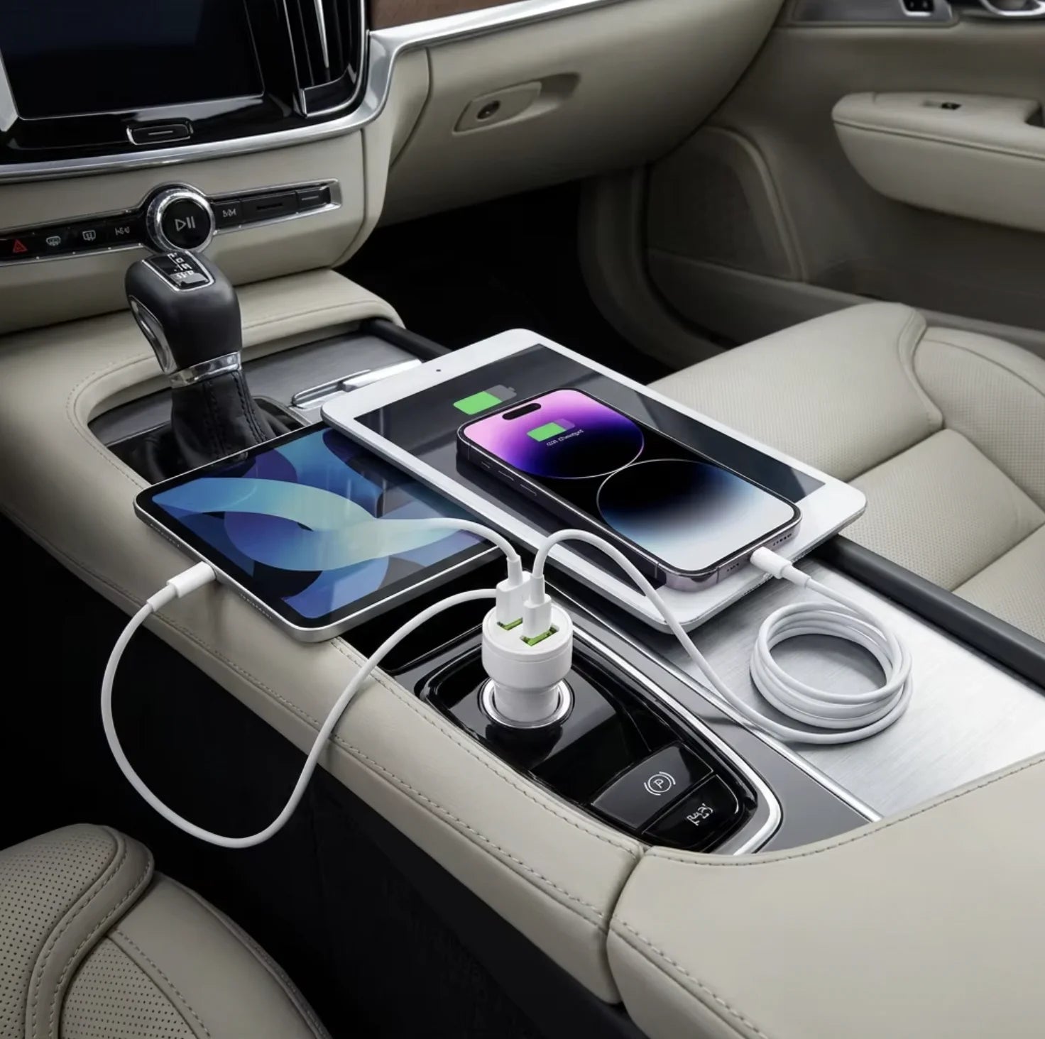 Universal Multi-Port USB Car Charger with Retractable Cable White
